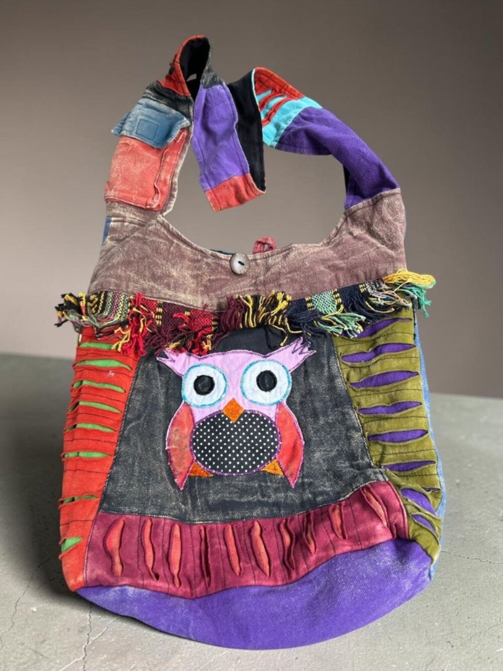 Vintage Boho Handmade Hippie Hobo Sling Bag Owlo Applique Woven Fringe